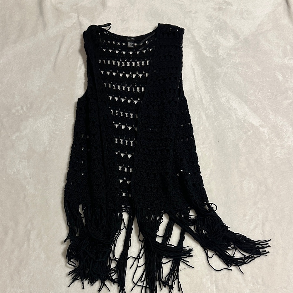 Black Knit Fringe Vest